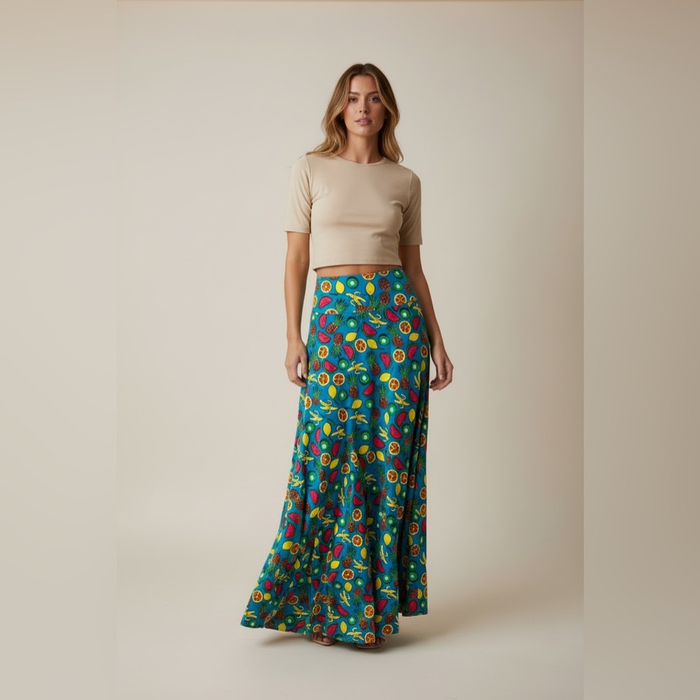 LuLaRoe Maxi Skirt • Foldable Yoga Waistband • A-line • Mixed Fruit Print